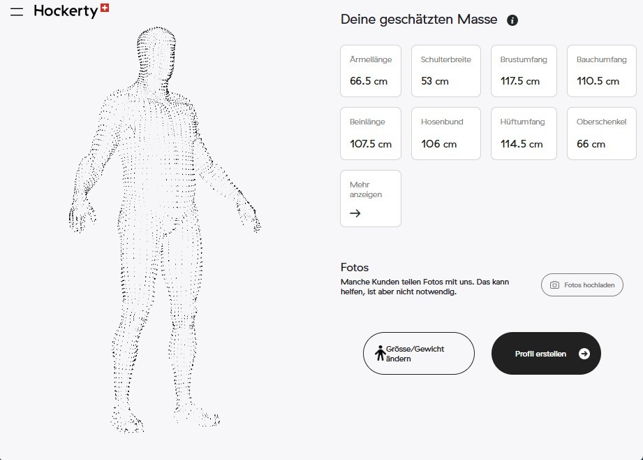 Digitales Körperprofil von Hockerty mit dreizehn Massen