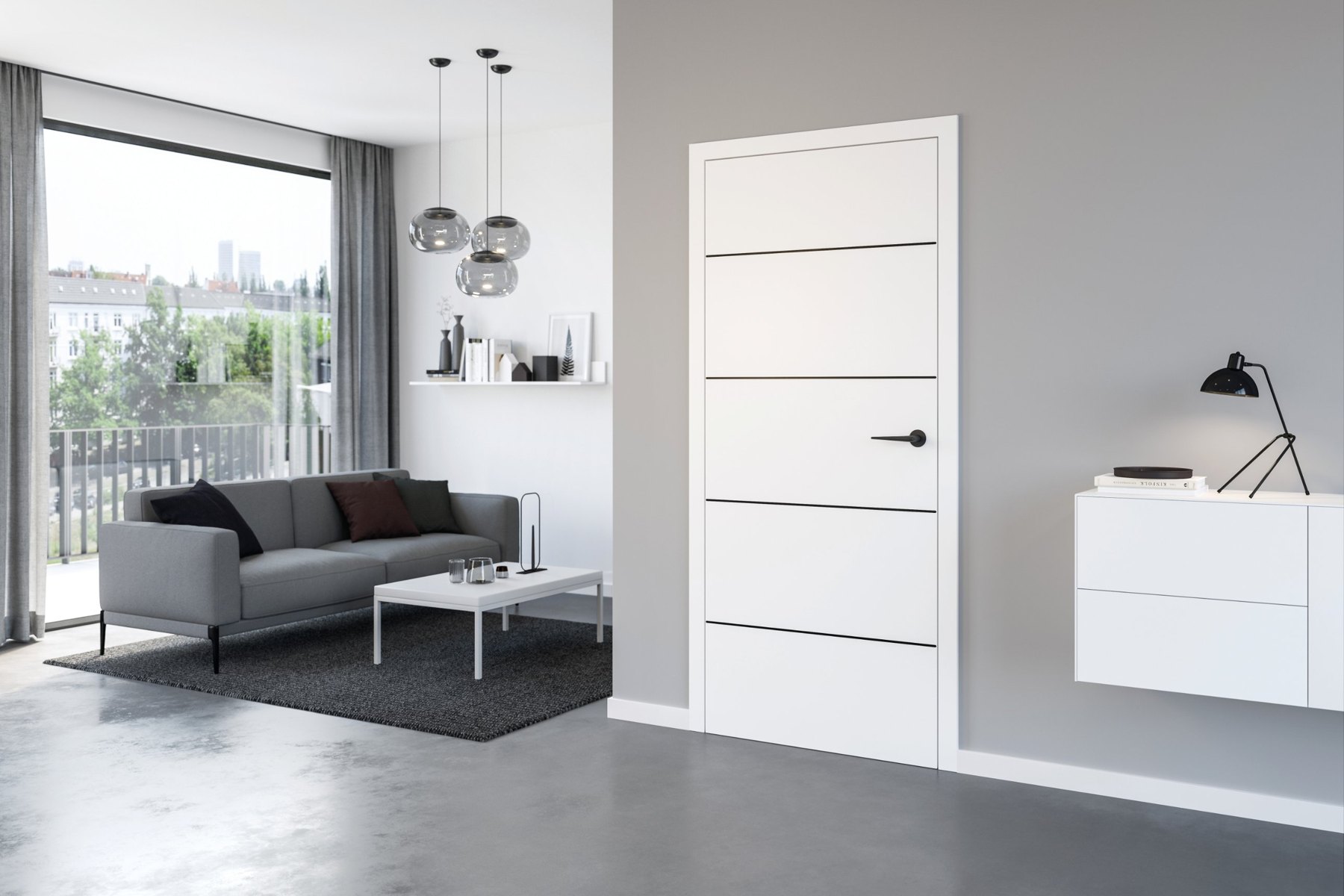 Gefälzte Holztür DesignLine Stripe mit Duradecor Weisslack Oberfläche.